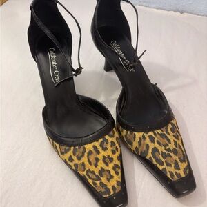 Coldwater Creek Black and Brown Leopard Print Heels Kitten SZ 8 M Ankle Straps